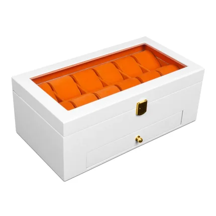 جعبه ساعت 12 خونه درب دار بالشتک لوکس کشودار رنگ سفید مدل : TW-2448