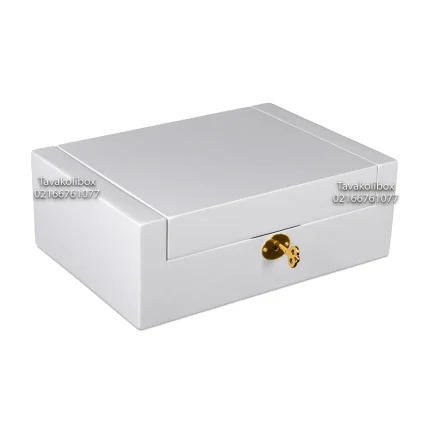 جعبه ساعت 8 خونه لبه دار بالشتک لوکس کلیددار طرح چوب رنگ سفید مدل : TW-2471