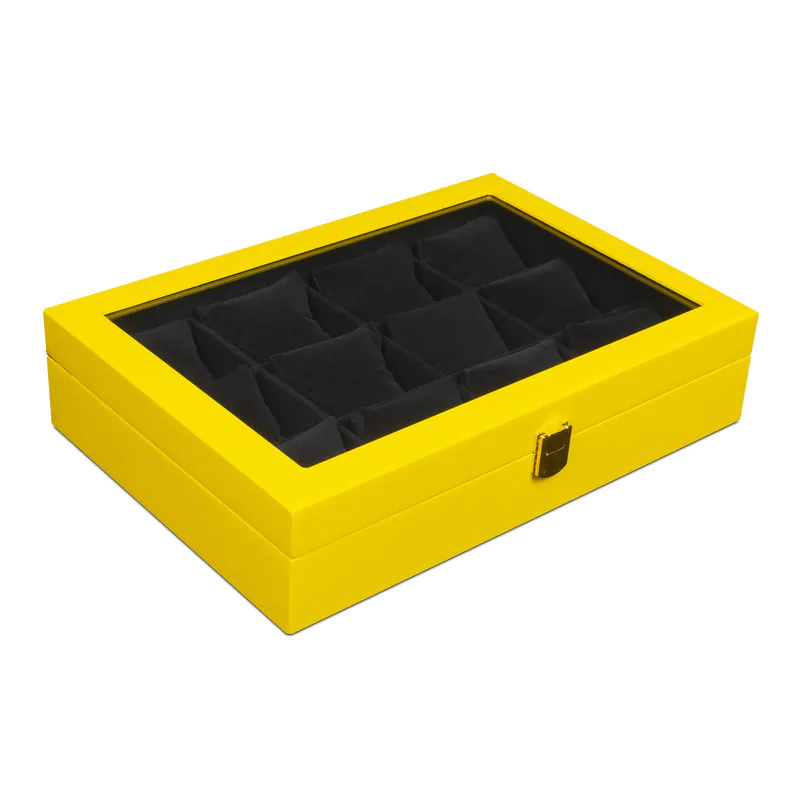 جعبه ساعت 12 خونه درب دار - قفل دار طرح چوب رنگ زرد مدل : TW-2169