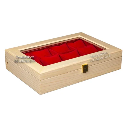 جعبه ساعت 12 خونه چوب طبیعی درب دار رنگ چوب مدل : TW-2237