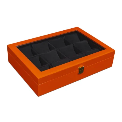 جعبه ساعت 12 خونه درب دار - قفل دار طرح چوب رنگ نارنجی مدل : TW-2169