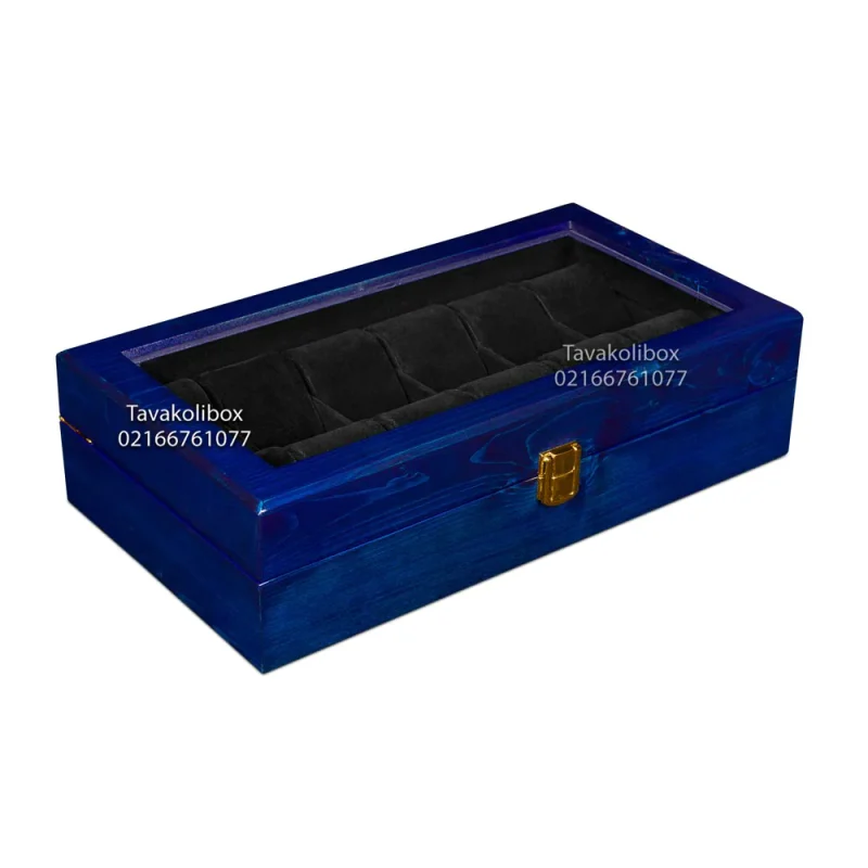 جعبه ساعت 12 خونه درب دار بالشتک لوکس چوب طبیعی رنگ آبی مدل : TW-2296
