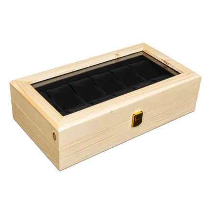 جعبه ساعت 12 خونه درب دار بالشتک لوکس چوب طبیعی رنگ چوب مدل : TW-2296