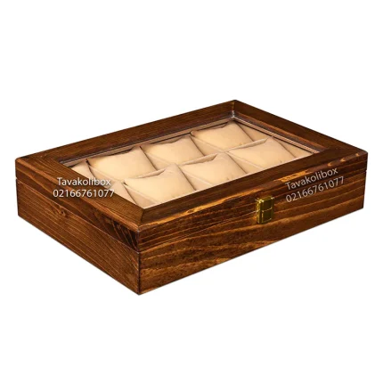 جعبه ساعت 12 خونه چوب طبیعی درب دار رنگ گردویی مدل : TW-2237