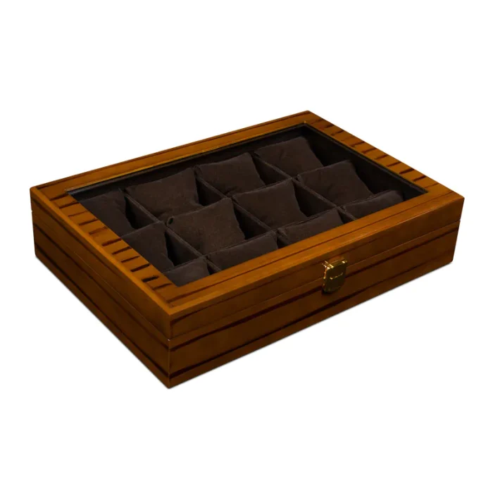جعبه ساعت 12 خونه درب دار - قفل دار طرح چوب رنگ قهوه‌ای مدل : TW-2169