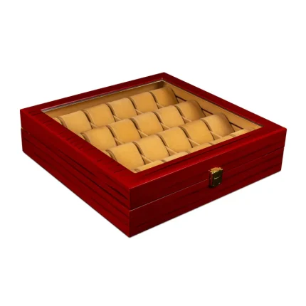جعبه ساعت 24 خونه بالشتک لوکس درب دار طرح چوب رنگ قهوه‌ای مدل : TW-2315