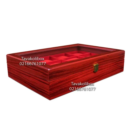 جعبه ساعت 12 خونه درب دار - قفل دار طرح چوب رنگ آلبالویی مدل : TW-2169