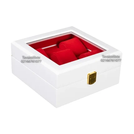 جعبه ساعت 5 خونه بالشتک لوکس مربعی درب دار طرح چوب رنگ سفید مدل : TW-2346