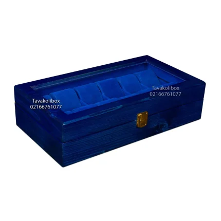 جعبه ساعت 12 خونه درب دار بالشتک لوکس چوب طبیعی رنگ آبی مدل : TW-2296