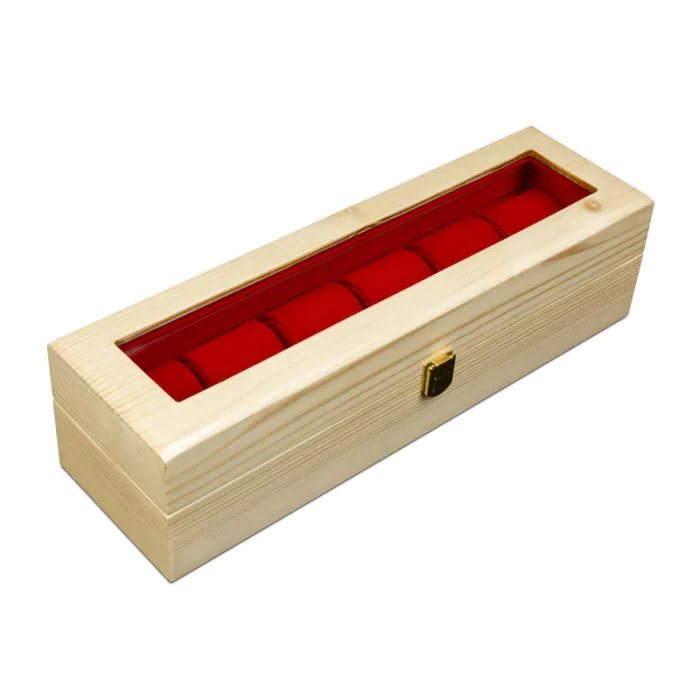 جعبه ساعت 6 خونه درب دار بالشتک لوکس چوب طبیعی رنگ چوب مدل : TW-2374